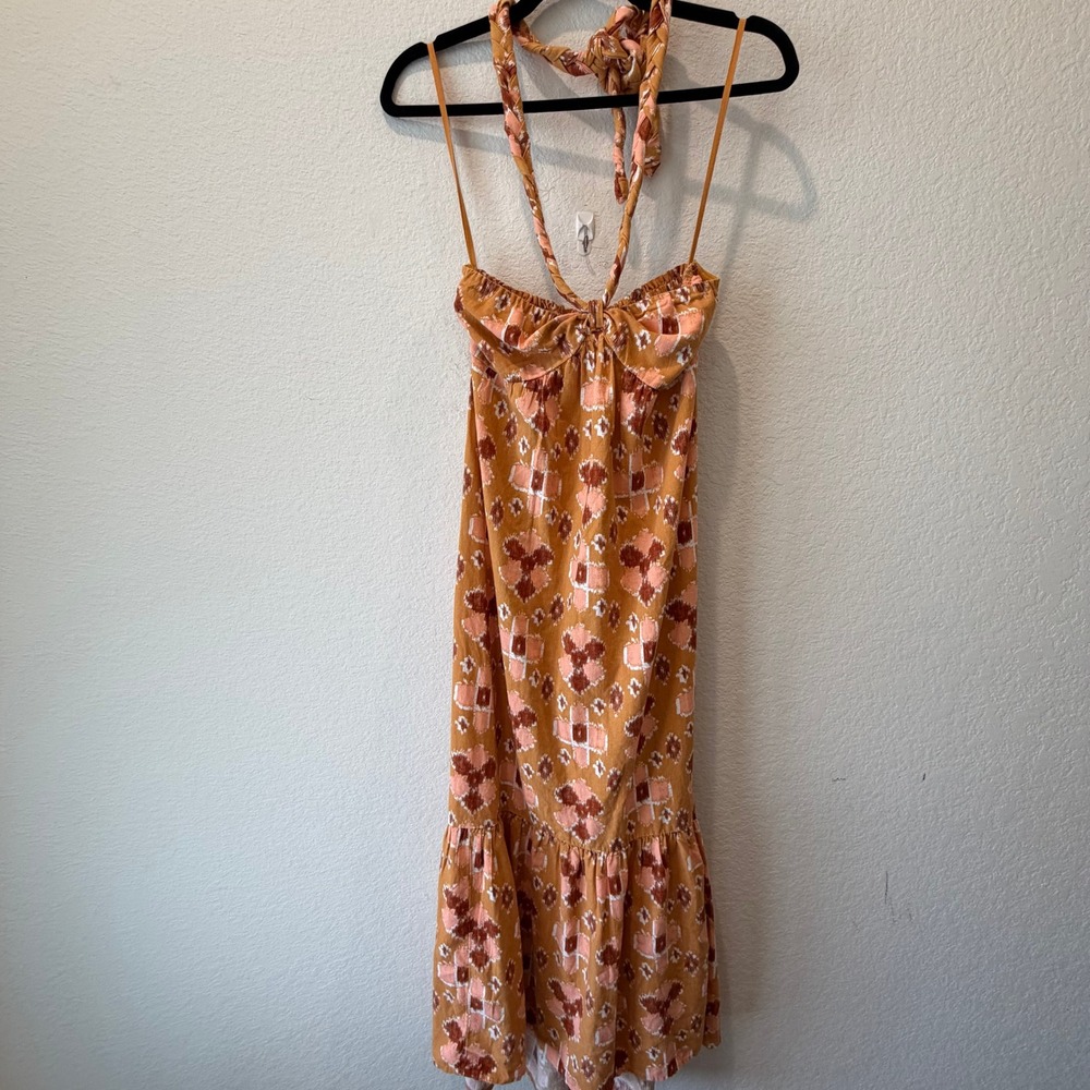 Aerie Orange Ikat Braided Halter Midi Dress Smocked Back Boho Summer XS